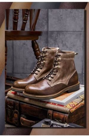 Men's Genuine Leather Shearling-Lined Mid-Calf Combat Boots | Rugged Cowhide Work Boots with Big Toe Box - 38